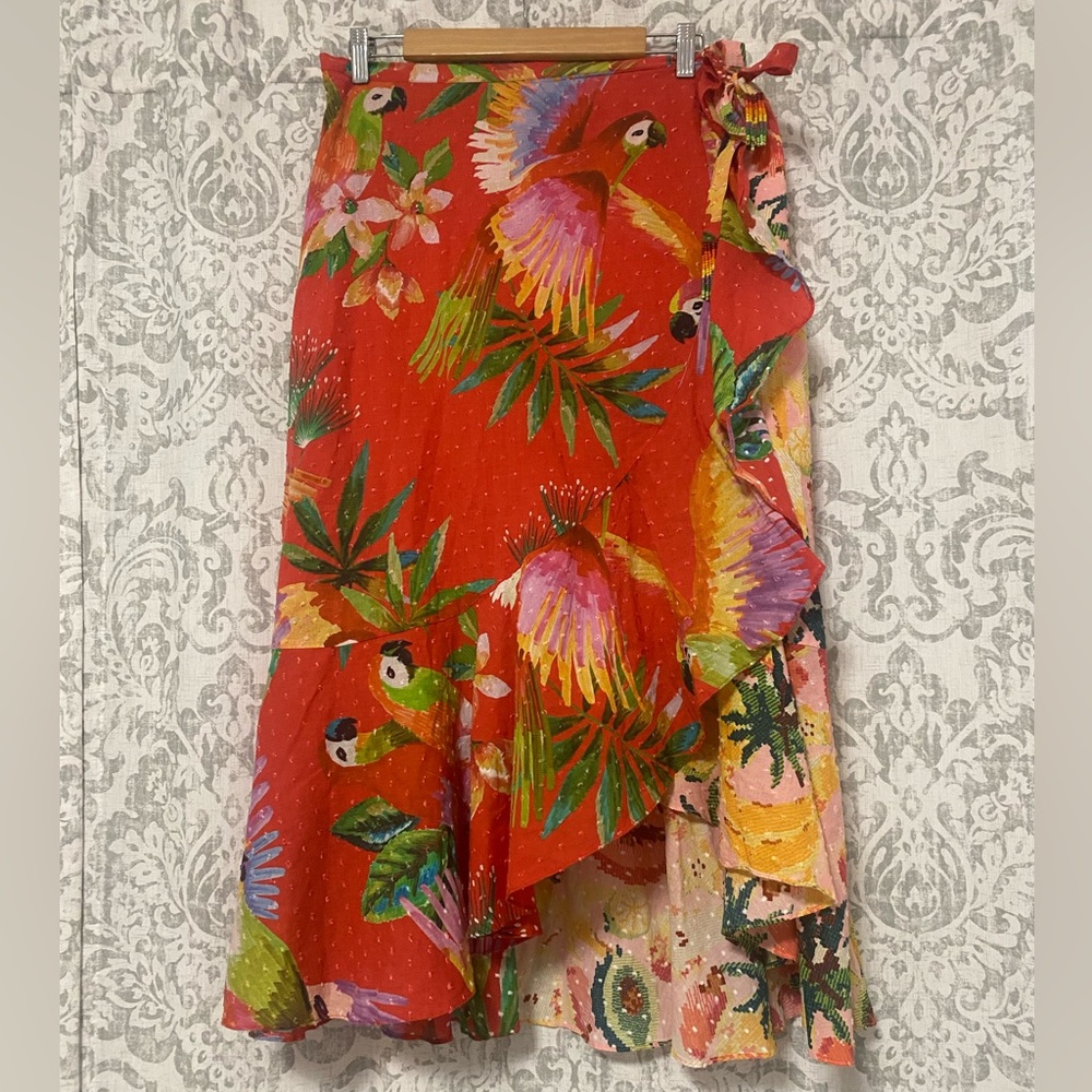 Farm Rio Anthropologie Nadya Wrap Tropical Floral Birds Midi Skirt Red Green L